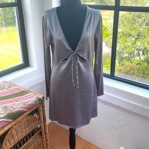 ZARA NWOT Satin Silky Long Sleeve Gray Dress Ties in Front with Cutouts Large